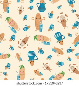 Kawaii almond milk vector seamless pattern background. Cute muscle flexing and juggling nut characters with drinks glasses cream background. Cartoon print for kids healthy drink dairy alternative