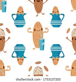 Kawaii almond milk vector seamless pattern background. Cute nut characters drinking from glasses and jugs on white backdrop. All over cartoon print for kids healthy drink dairy alternative concept
