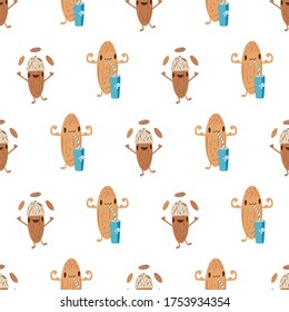 Kawaii almond milk vector seamless pattern background. Cute muscle flexing and juggling nut characters with drinks glasses on white backdrop. Fun cartoon print for kids healthy drink dairy alternative