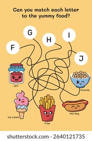 Kawaii alphabet game for preschoolers to trace paths. Fun A to Z maze activity with smiling food characters. Educational printable game for learning letters and foods