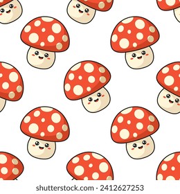 Kawaii amanita mushroom with black outline on white background. Vector seamless pattern. Best for textile, print, wrapping paper, package and your design. 