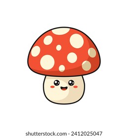 Kawaii amanita Pilz Flach Illustration mit schwarzer Umrisslinie. Cartoon agaric mit roter Verschlusskappe und lächelndem Gesicht.