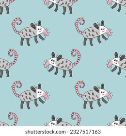 Kawaii american opossum seamless pattern. Perfect print for tee, textile and fabric. Doodle vector illustration for decor and design.



