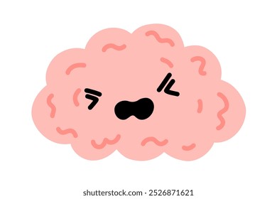 Kawaii angry stress depressive brain character. Adorable curious human brain with face. Cartoon character isolated on white background. Hand drawn symbols of healthy and depressive mind.