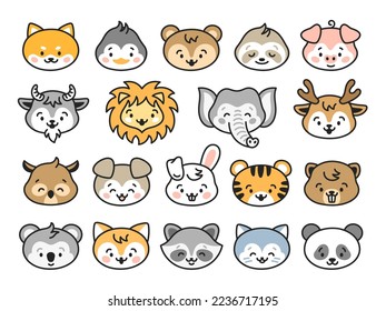 avatares de animales de Kawaii. Caricatura pegatinas lindas con caras de animales graciosos. Perro, león, retratos de gatos. Mascotas graciosas infantiles, conjunto aislado de zoológicos vectoriales