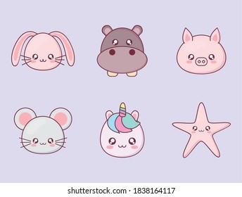 Kawaii animal cartoon icon set design, expression cute character funny and emoticon theme Vector illustration