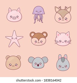 Kawaii animal cartoon set icons design, expression cute character funny and emoticon theme Vector illustration
