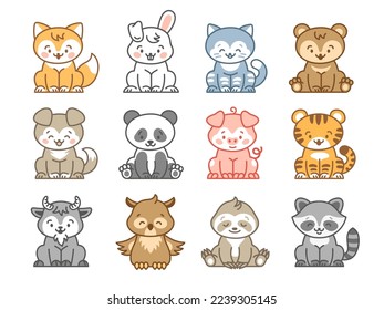 Kawaii animal characters. Bunny, fox and tiger isolated cartoon animals. Pastel cute childish stickers. Tidy cat mascot, vector line woodland set