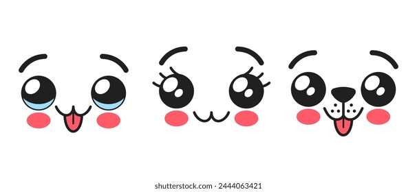 Kawaii Animal Face Emojis, Adorable Y Expresivo Lindo Mascotas Como Gato O Perro, Bozales Con Ojos Grandes, Lenguas Pegajosas