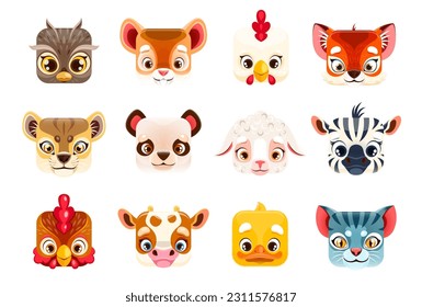 Caras de animales kawaii, dibujos cuadrados personajes lindos del zoo, iconos vectoriales de cebra y panda baby. Palabras emoticones de león, tigre y graciosa kawaii cuadrada cara de vaca, pollo y gatito con cordero