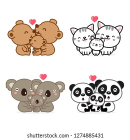 Kawaii Animal Family Father Mother and baby. Vector illustration. 