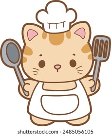 Kawaii animal kitty for scrapbook and sticker.
A funny cat with chef costume carrying spoon for cooking illustration.