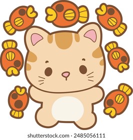 Kawaii animal kitty for scrapbook and sticker.
A funny cat with many fishes around it.