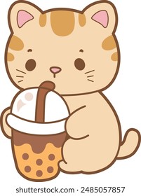 Kawaii animal kitty for scrapbook and sticker.
A funny cat drinking boba tea