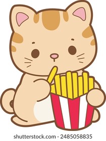 Kawaii animal kitty para álbum de recortes y pegatina.
Un gato gracioso comiendo papas fritas