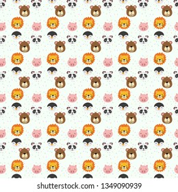 kawaii animal Panda Seamless Pattern Background, Happy cute panda flying in the sky between clouds and star, Cartoon Panda Bears Vector illustration for kids forest background with rain dots