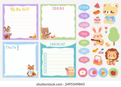 Kawaii Animal Planner Pegatinas y Notas. Linda lista de tareas y Plantillas de lista de verificación con animales adorables. Planificador imprimible Páginas con personajes animales Kawaii.