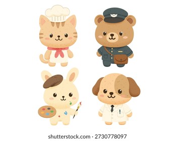 Kawaii Animal Professionals Vector Set: Little Chef, Mail Carrier, Painter, and Medical Worker Mascot Collection	