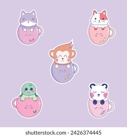 Kawaii animal stickers in cups