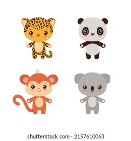 Kawaii animals baby style. Safari wild animal icons. Cute koala. Adorable panda bear. Funny monkey. Sweet leopard or cheetah. Flat design vector illustration for children projects.