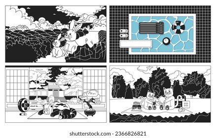 Kawaii animals black and white cute chill lo fi wallpapers set. Swimming pool linear 2D vector cartoon interior, landscape illustration, monochrome lofi anime background. Bw 90s kawaii aesthetic