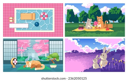 Kawaii animals cute chill lo fi wallpapers set. Lounge zone. Swimming pool. 2D vector cartoon characters, interior, landscape illustrations, lofi anime backgrounds. 90s kawaii aesthetic, dreamy vibes