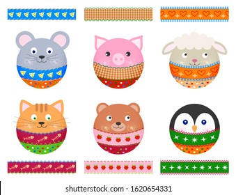 Kawaii animals, cute faces in circles with ears: mouse, pig, sheep, cat, bear, penguin. Balls and seamless patterns to decorate cards, banners, invitations, scrapbooking stuff. Nice cartoon set