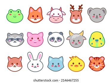 Kawaii Animals. Cute Zoo Faces, Smiling Animal Heads Cartoon Vector Illustration Set Of Happy Kawaii Smile, Zoo Animal Head Cute