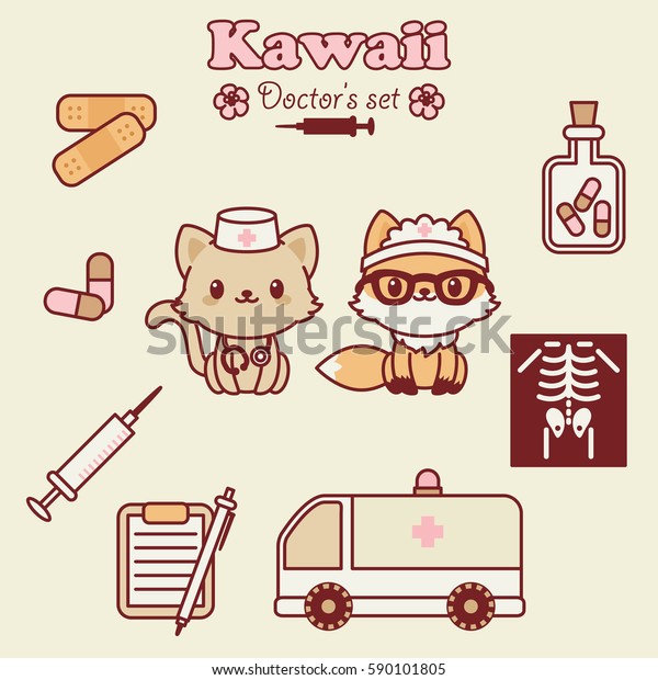 Kawaii animals doctor\'s set. Vector icons.\
Children\'s stickers\
template.