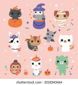 Kawaii animals dressed in Halloween costumes. Cute cartoon animals characters in pumpkin, witch, mummy, zombie, unicorn, wizard, pirate, skeleton, vampire and ghost outfit. Flat style illustration.