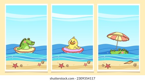 Kawaii animals duck and crocodile on the beach. Collection of summer background designs. Vertical vector illustration in cartoon style