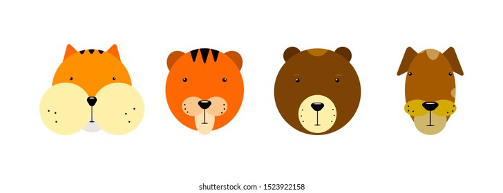 Kawaii animals faces set. Cute hamster, tiger, bear, dog isolated on white background. Stylized animals character. Collection emoji, stickers, prints. Funny emotional pet mascot Vector illustration