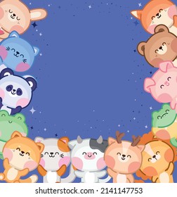 kawaii animals group over blue
