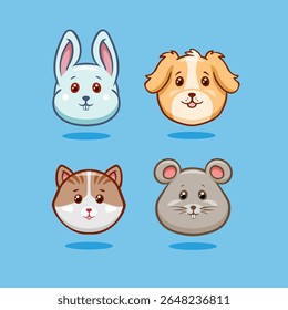 Kawaii Animals Head Set Vector Cartoon Characters. Rabbit, dog, cat and mouse cartoon animals collection isolated vector illustration. 