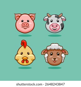 Kawaii Animals Head Set Vector Cartoon Characters. Pig, cow, chicken and sheep cartoon animals collection isolated vector illustration. 