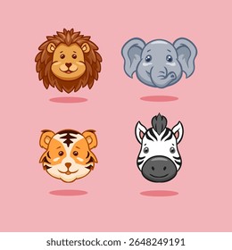 Kawaii Animals Head Set Vector Cartoon Characters. Lion, elephant, tiger and zebra cartoon animals collection isolated vector illustration. 