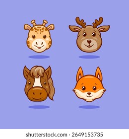Kawaii Animals Head Set Vector Cartoon Characters. Giraffe, moose, donkey, and fox cartoon animals collection isolated vector illustration. 