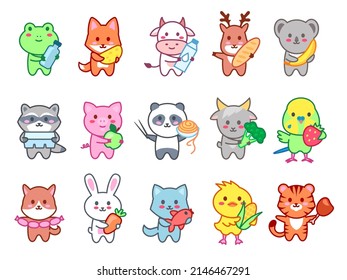 Kawaii animals hold food. Cute zoo character with tasty food products, animal mascot for foodstuffs vector Illustration set of cute animal happy, mammal character wildlife