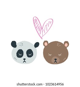 Kawaii animals in love. Funny cute bears. Hand drawn heart. Decor elements, postcard, sticker, card for social networks and for printing. Vector, clip art. Isolated. 