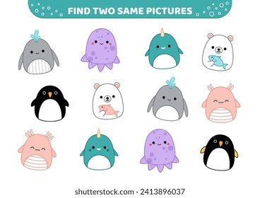 Kawaii animals of North Pole. Squishmallow. Find two same pictures. Educational game for kids with narwhal, whale, polar bear, penguin, octopus. Spot two identical pictures. Cartoon, kawaii. Isolated 