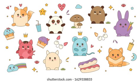 Kawaii animals patch face vector. Anime sticker with doodle art. Collection of cute cats emotions in kawaii style. Fox bear rabbit cat little mouse and panda face avatar. Facical emoji japanese style.