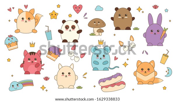 kawaii animals patch face vector anime stockvektorgrafik