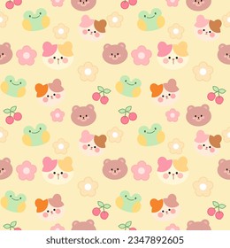 Patrón de animales Kawaii lindo gato, cereza, fondo de osos