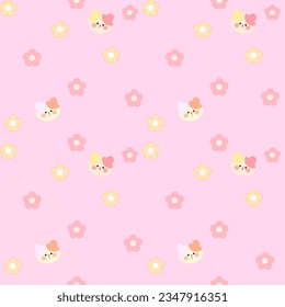 Kawaii animals pattern cute cat, flower , bears background