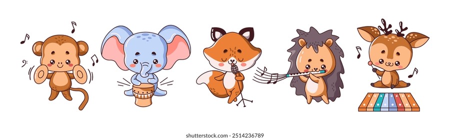 Kawaii animals playing different instruments collection set. Funny musician characters perform in various scenes on white background