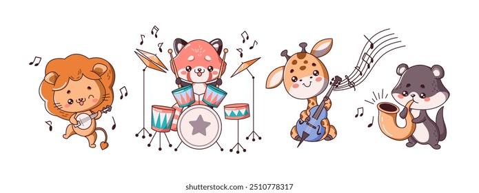 Animales kawaii tocando instrumentos musicales de color plano conjunto de estilo. Personajes lindos y divertidos en varias escenas de actuación sobre fondo blanco