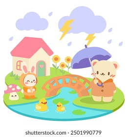 Kawaii Tiere in einem Regentag Park mit Regenschirm und Brücke.Süße Kawaii Hase und Bär mit Regenschirm in einer regnerischen Landschaft.Bezaubernde Kawaii Szene mit Tieren, Brücke und regnerischem Wetter.