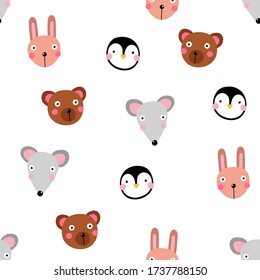 Kawaii animals seamless pattern. Cute rabbit, mouse, penguin, bear with funny face isolated on white background. Vector characters emoji, childrens clothes prints, textile, mascot wallpaper collection