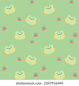 Kawaii animals  seamless pattern cute frog, cherry , green background