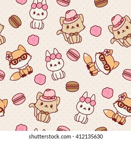 Kawaii animals seamless wallpaper. Vector pattern. Fashion themed.